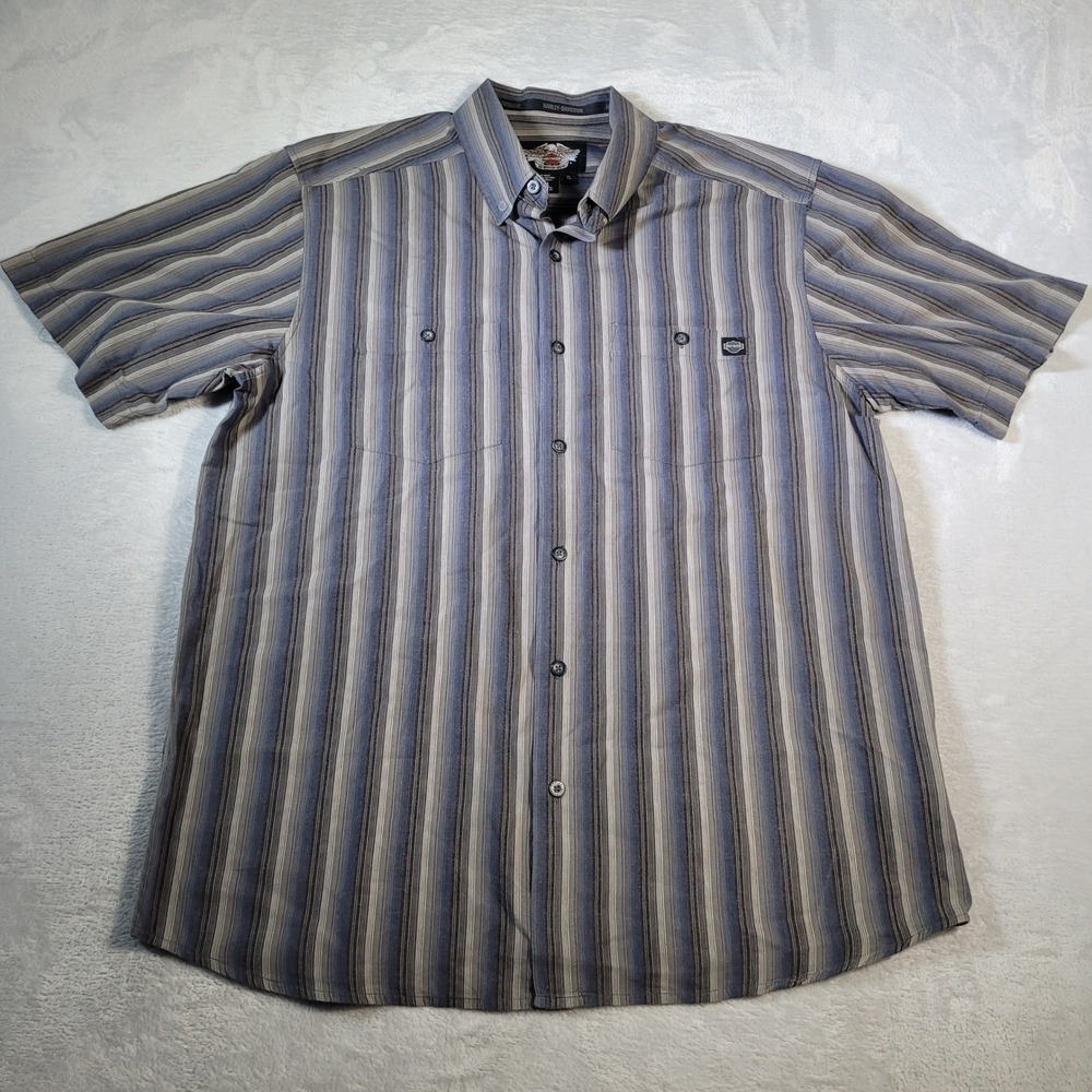 Harley Davidson Shirt Mens XL Blue Striped Button Down Short Sleeve Tribal Back